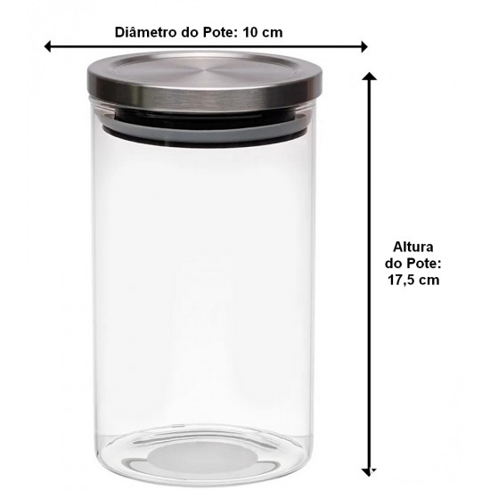Pote 1 Litro 17,5cm Vidro Hermético Com Tampa Inox